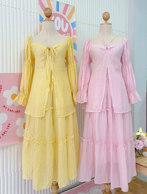 Wide Neck Lace Long Sleeves Slit Tops With Tiered Long Skirts